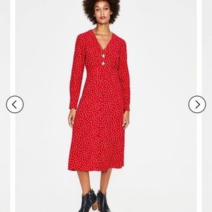 BODEN Elsie Button Spot Red Poinsettia Midi Dress